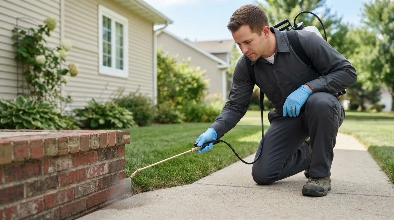 Pest control technician treating a home near Richford, VT
